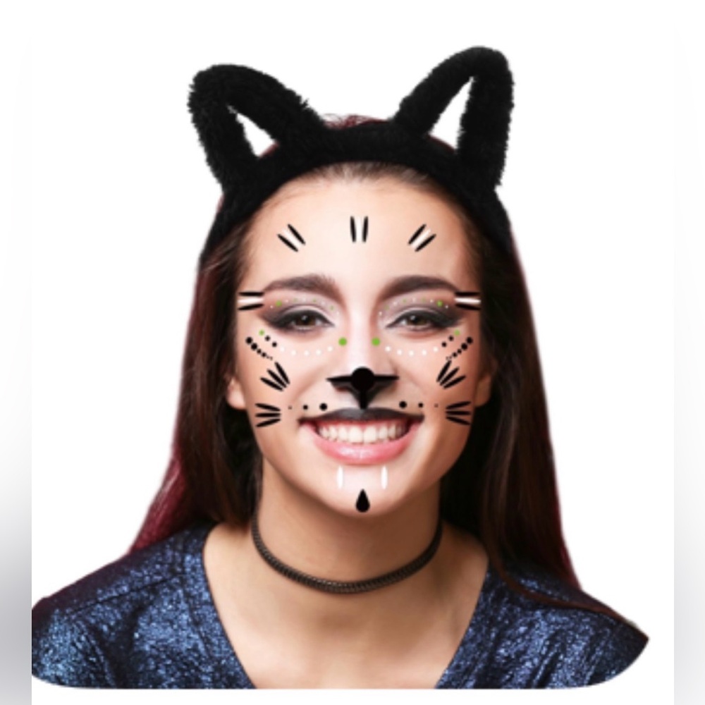 Black Cat Ear Headband & Cat Face Makeup Stickers for Halloween & Cosplay